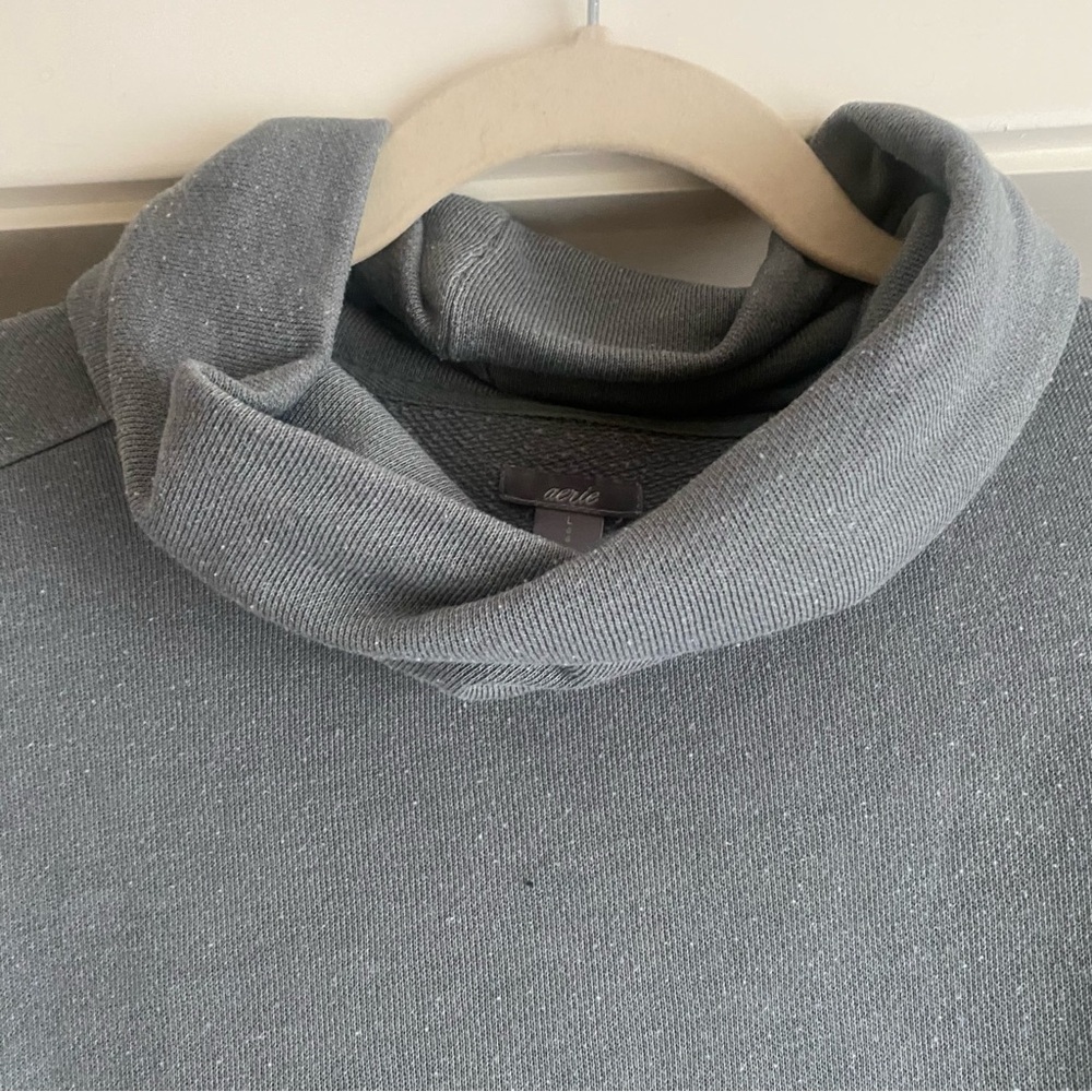 Aerie Large Cotton Terry Oversized Mock Neck Sweater Green Sage - Picture 2 of 6